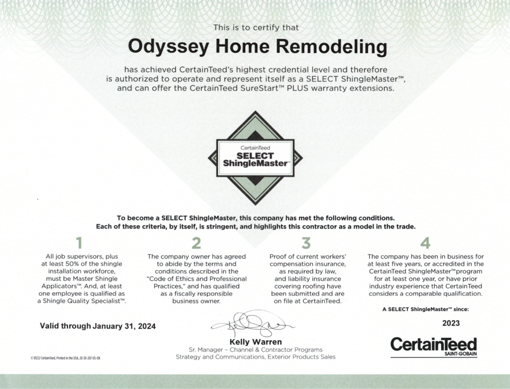 Odyssey Home Remodeling Master Shingle Applicator Certification